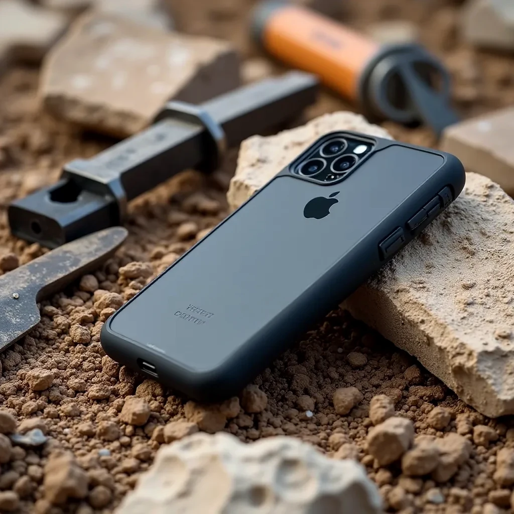 Rugged black phone case on construction site with tools and dust, showing durability in real working environment