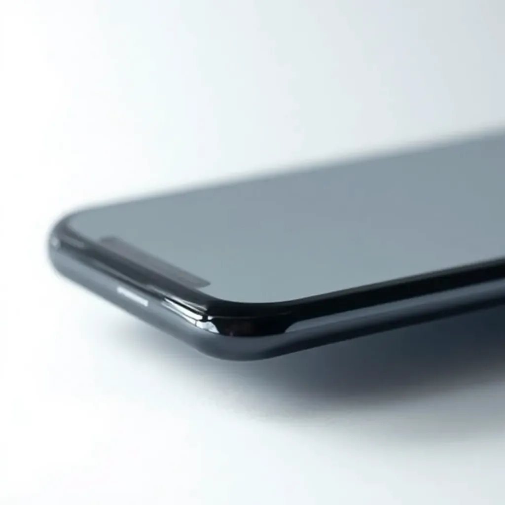 Close-up detail of tempered glass screen protector showing beveled edge and anti-fingerprint coating in professional studio lighting