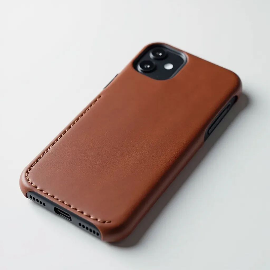Cognac brown leather iPhone case displayed flat on white background, showing rich patina and craftsmanship details with studio lighting