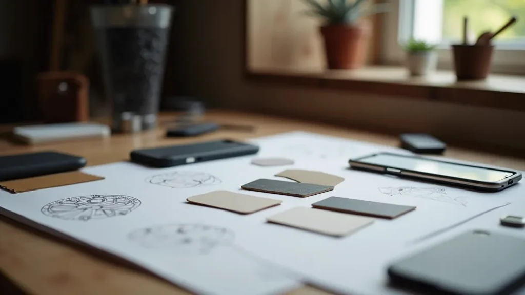 Design process workspace with phone case materials and prototypes