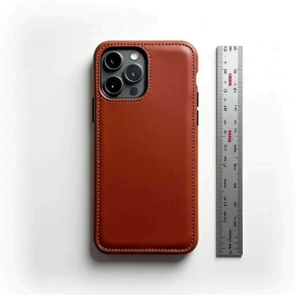 Flat lay photography showing leather iPhone case dimensions with measurement guide, ruler, and phone for scale reference
