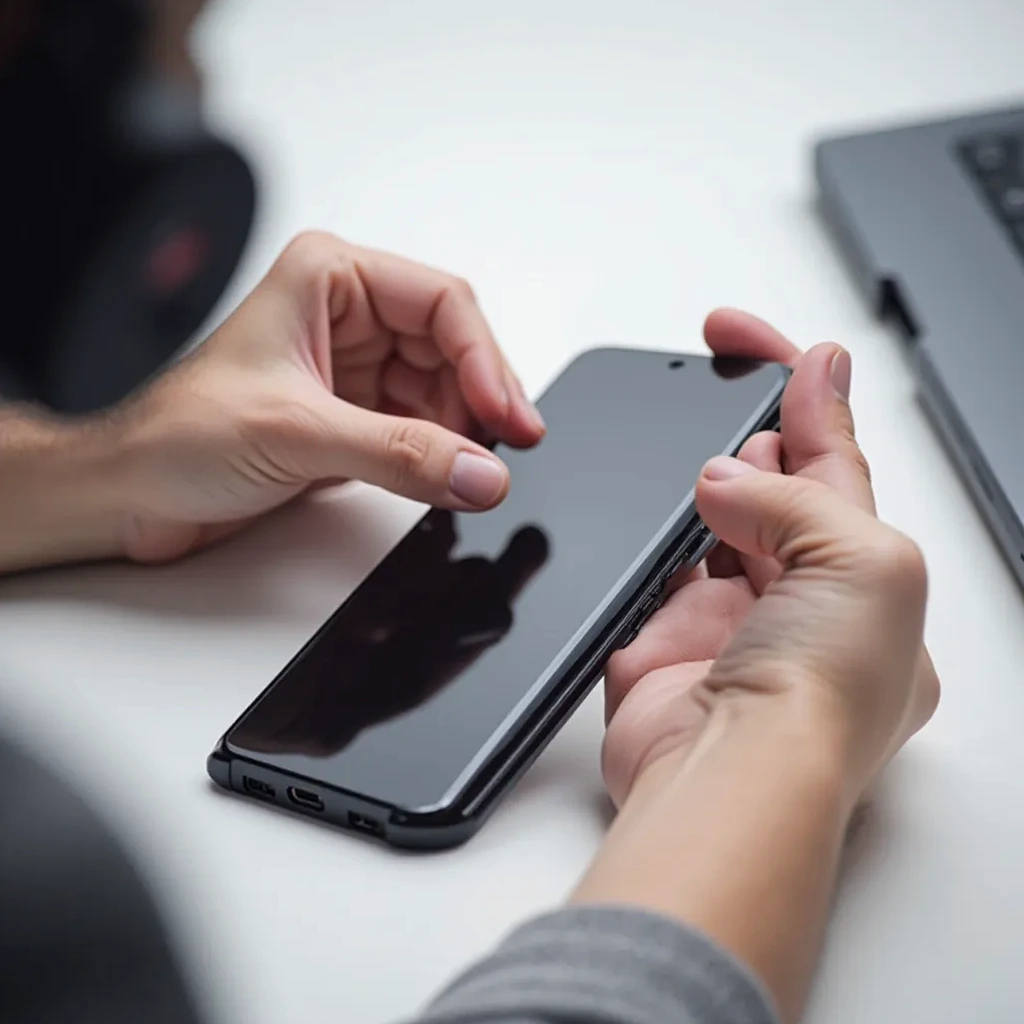 Person's hands carefully aligning tempered glass screen protector onto smartphone using included alignment frame guide