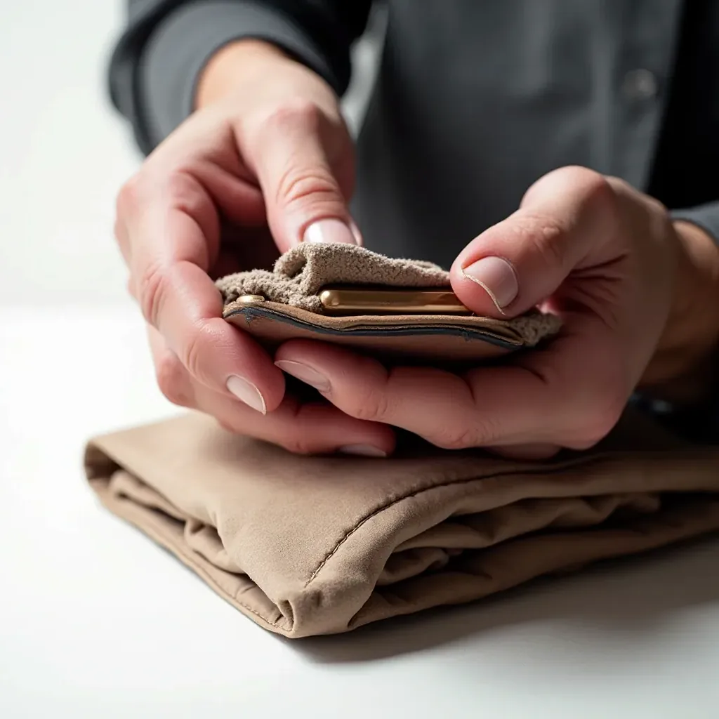 Person's hands carefully cleaning leather iPhone case with soft cloth and natural conditioning product, demonstrating proper care technique