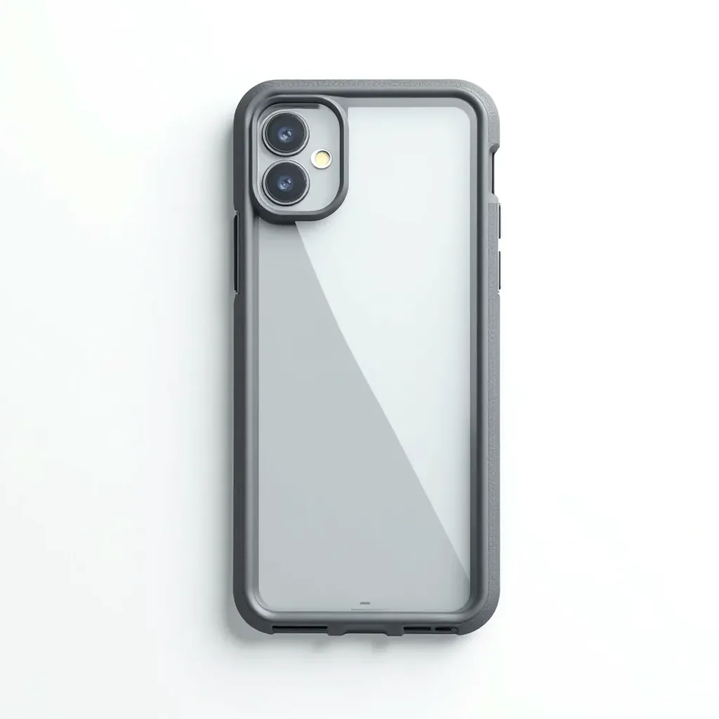 Hybrid clear case with smoke-tinted back panel showing phone color while reinforced frame provides protection