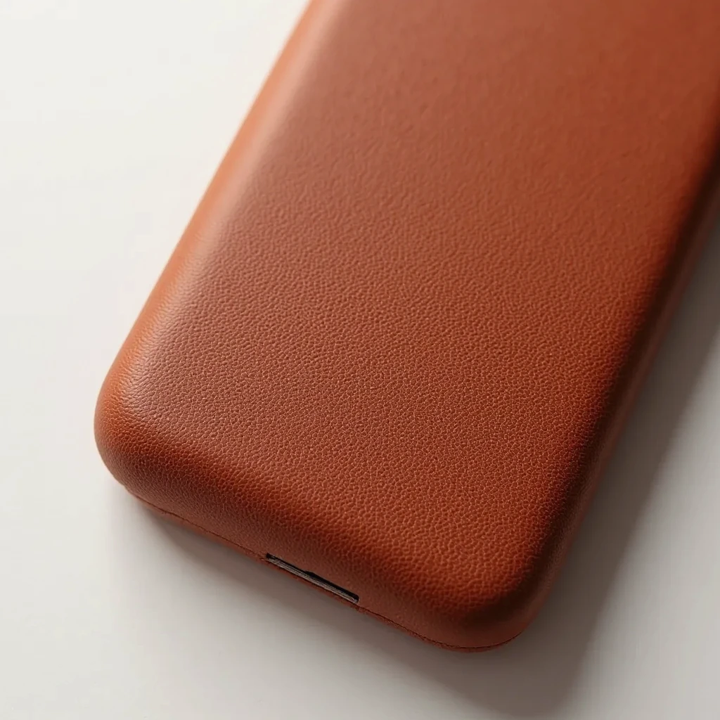 Close-up detail of cognac leather texture showing natural grain patterns and rich color variations, shot in natural window light