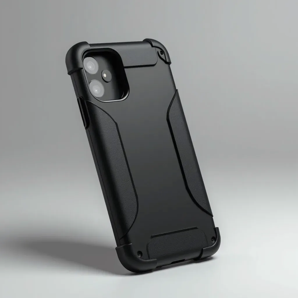 Matte black rugged tactical phone case with reinforced corners and shock-absorbing polymer design