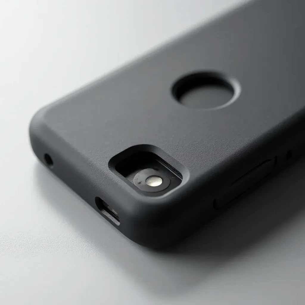 Close-up detail of black rugged phone case showing textured grip surface and reinforced TPU corner protection, professional product photography