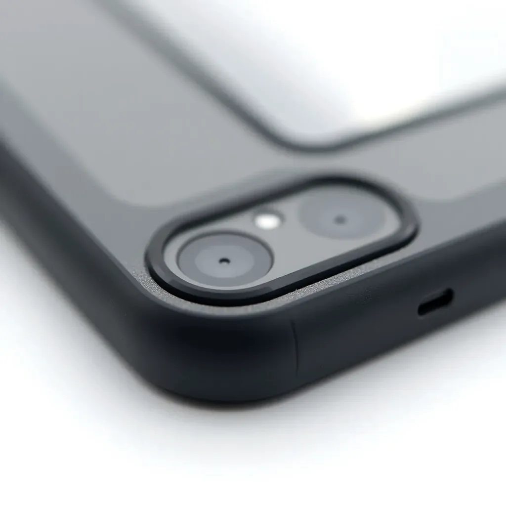 Close-up detail of smoke-tinted TPU frame texture with reinforced corner protection and raised bezel edge, showing material quality and construction detail with studio lighting