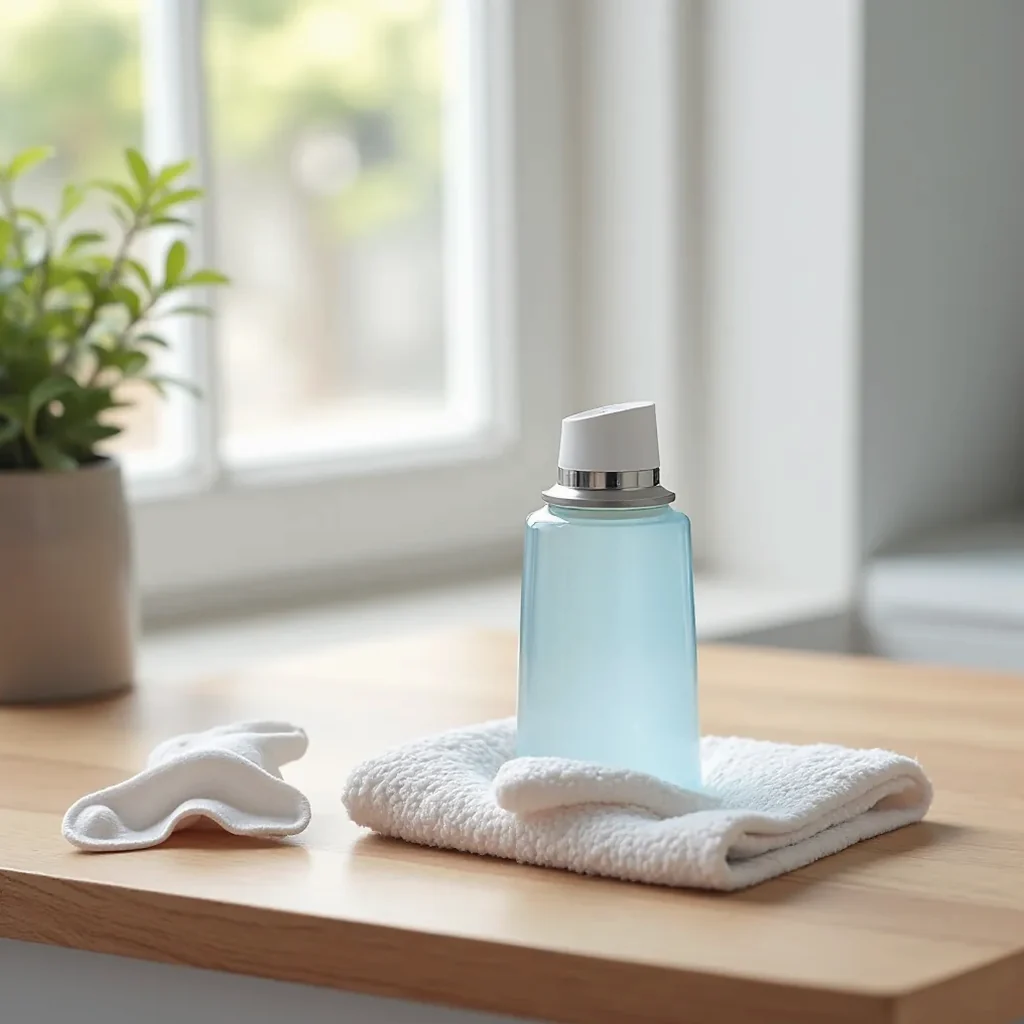 Microfiber cleaning cloth and compressed air canister on wooden surface with hybrid clear case nearby, showing proper maintenance items in soft natural lighting
