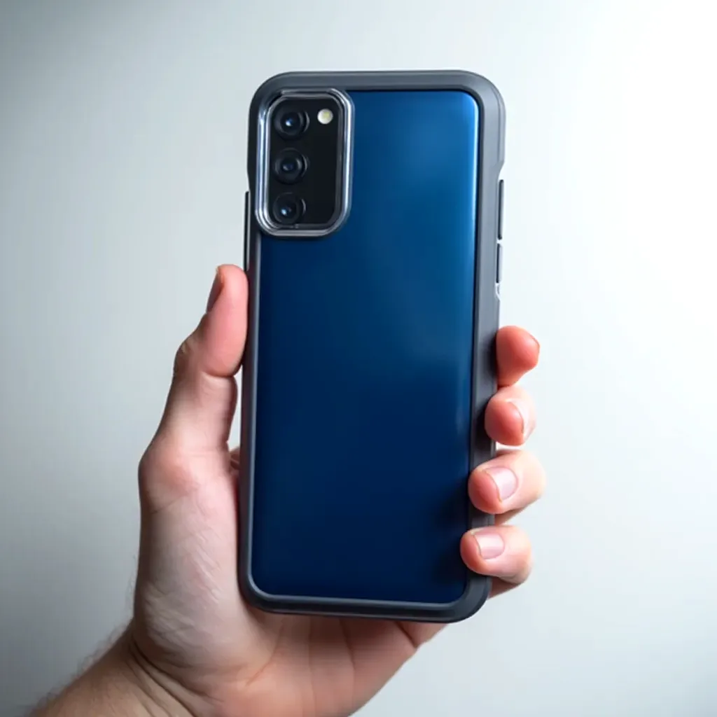 Phone in midnight blue color displayed with Hybrid Clear case showing off the original color through transparent back panel with smoke-tinted frame visible, held at angle in natural light