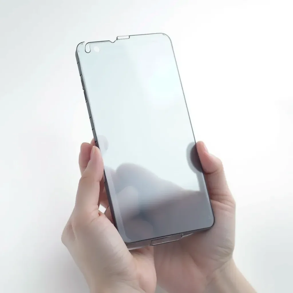 Premium tempered glass screen protector showing 9H hardness rating and anti-fingerprint coating