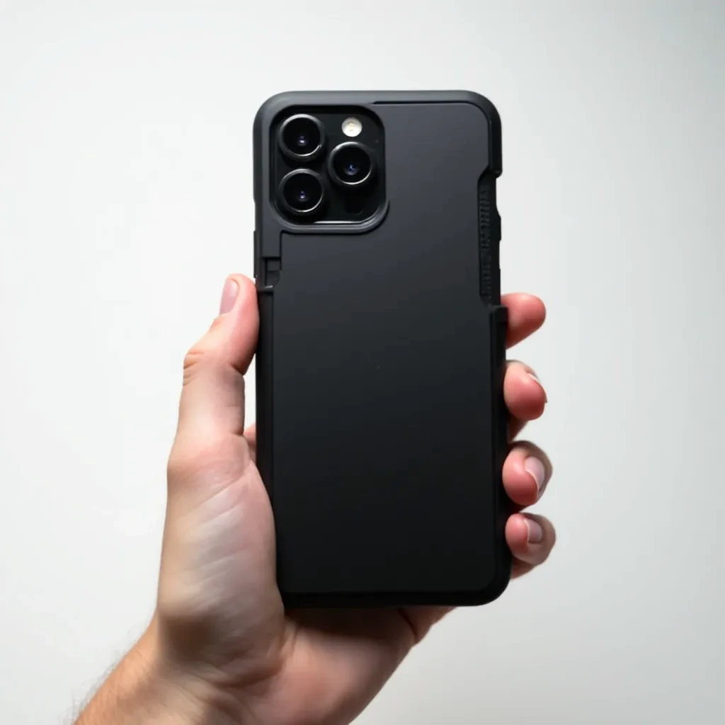 Hand holding black rugged phone case, showing textured grip surface and comfort fit, close-up detail shot
